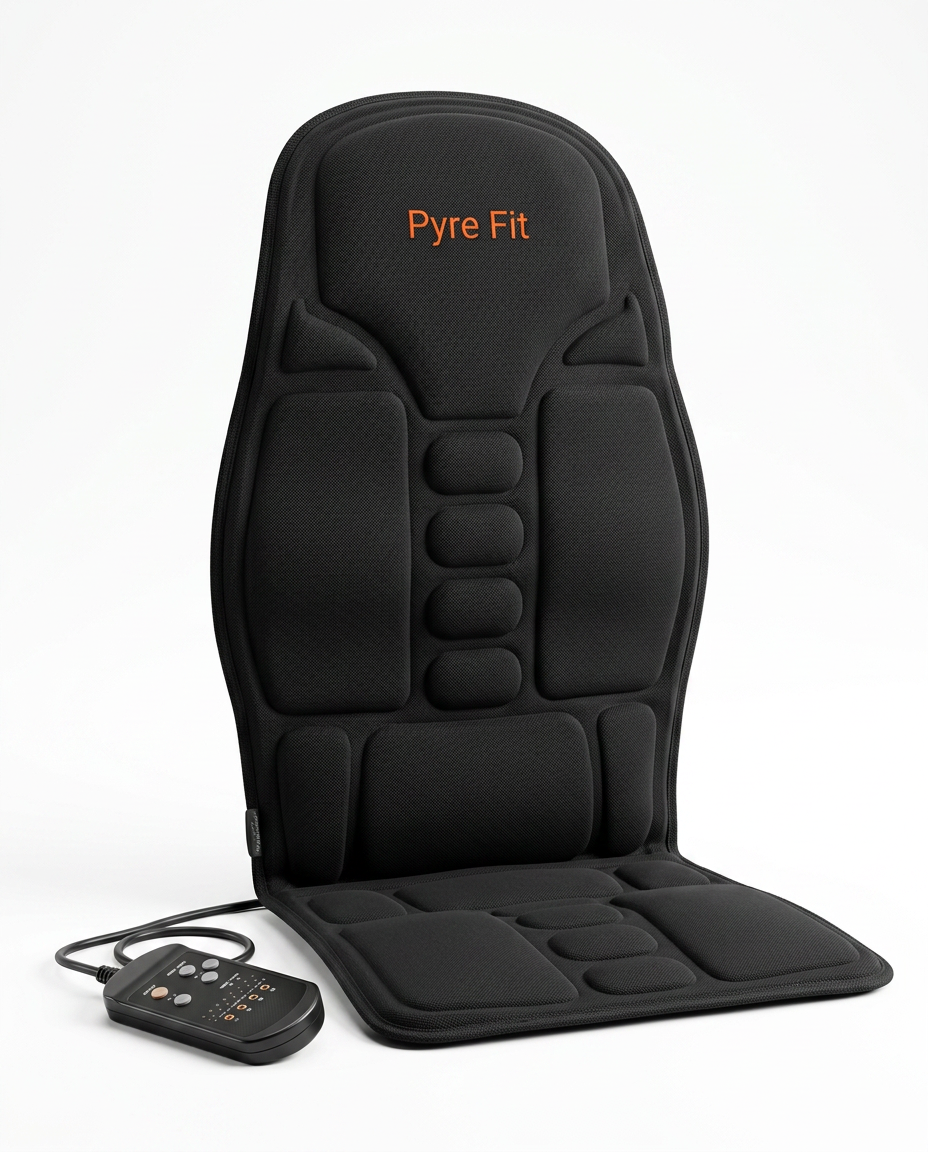 Black electric massage cushion with remote control, studio shot on white