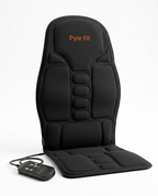 Black electric massage cushion with remote control, studio shot on white