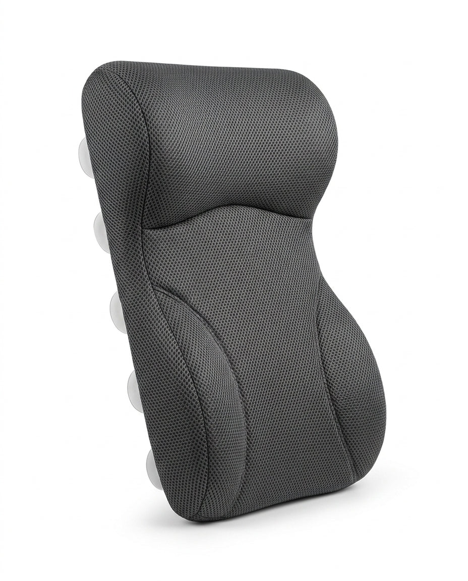 Grey full back and neck bath pillow with air-mesh fabric and suction cups on white