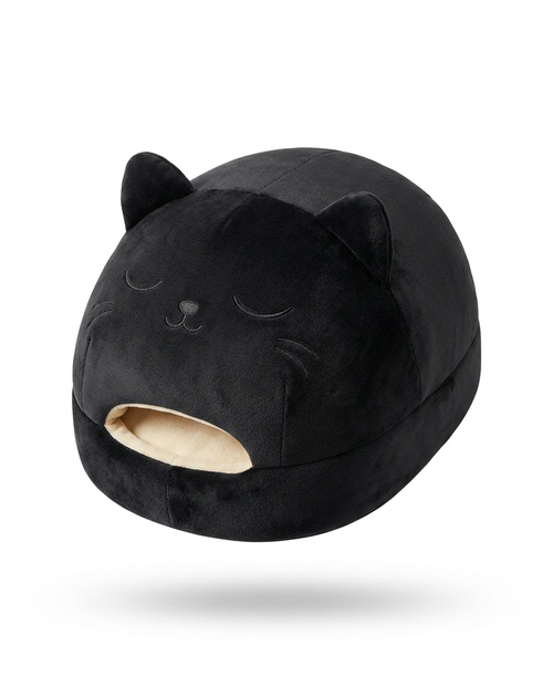 Black cat-shaped heated foot warmer packshot with plush sherpa opening
