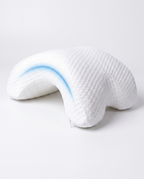 White U-shaped memory foam cuddle pillow with blue cooling stripe, studio shot