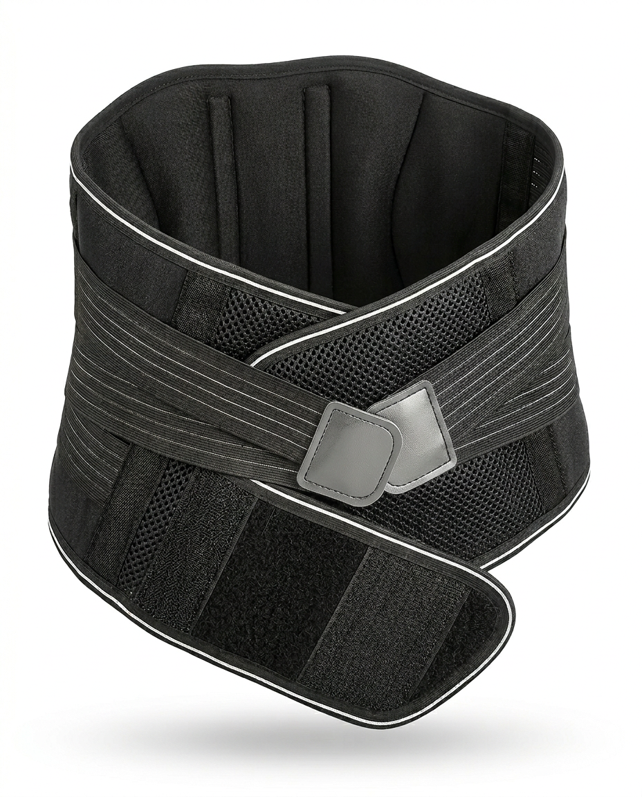 Black adjustable lower back support belt with lumbar pad and straps, studio shot on white