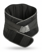 Black adjustable lower back support belt with lumbar pad and straps, studio shot on white