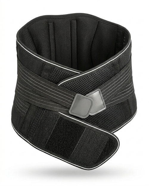 Black adjustable lower back support belt with lumbar pad and straps, studio shot on white