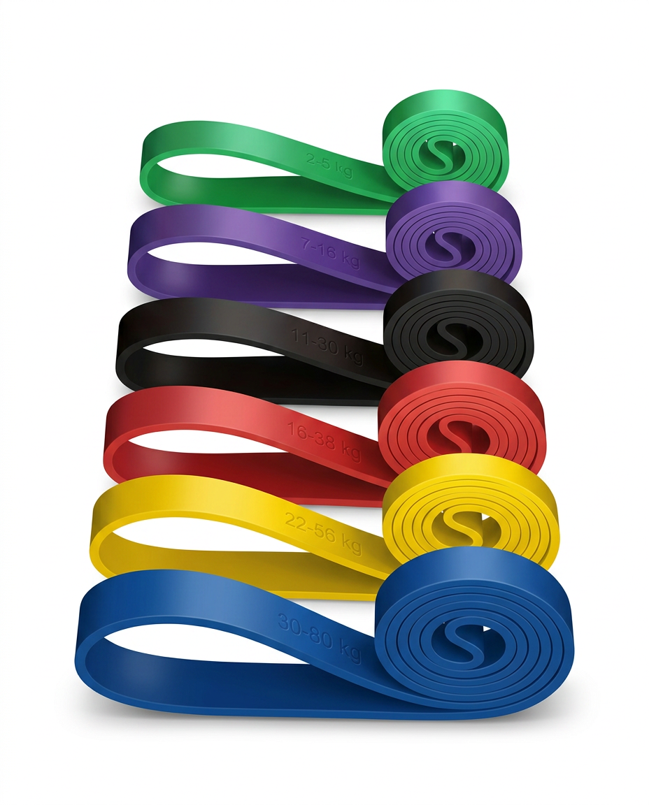 Six stacked loop resistance bands in green, purple, black, red, yellow, blue