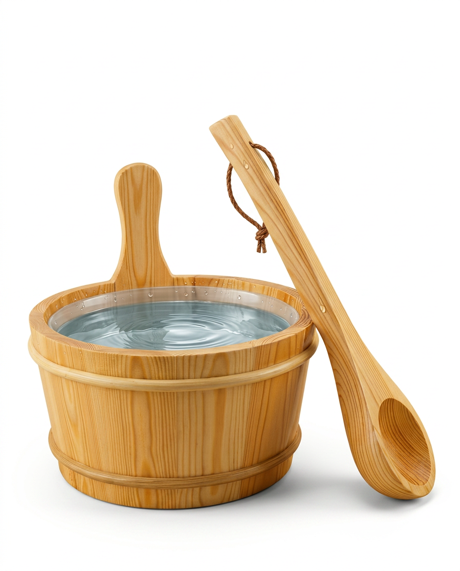 Pine sauna water bucket filled with water beside its long-handled wooden ladle on white