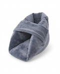 Grey velvet heel cushion pillow with wrap-around opening on white background