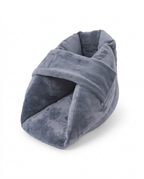 Grey velvet heel cushion pillow with wrap-around opening on white background