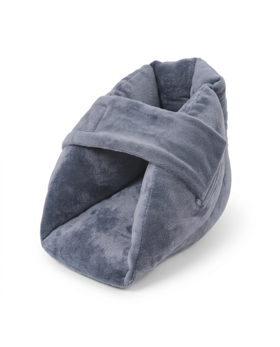 Grey velvet heel cushion pillow with wrap-around opening on white background