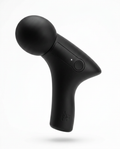 Black handheld deep tissue massage gun with dome head, studio shot on white