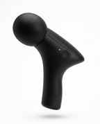 Black handheld deep tissue massage gun with dome head, studio shot on white
