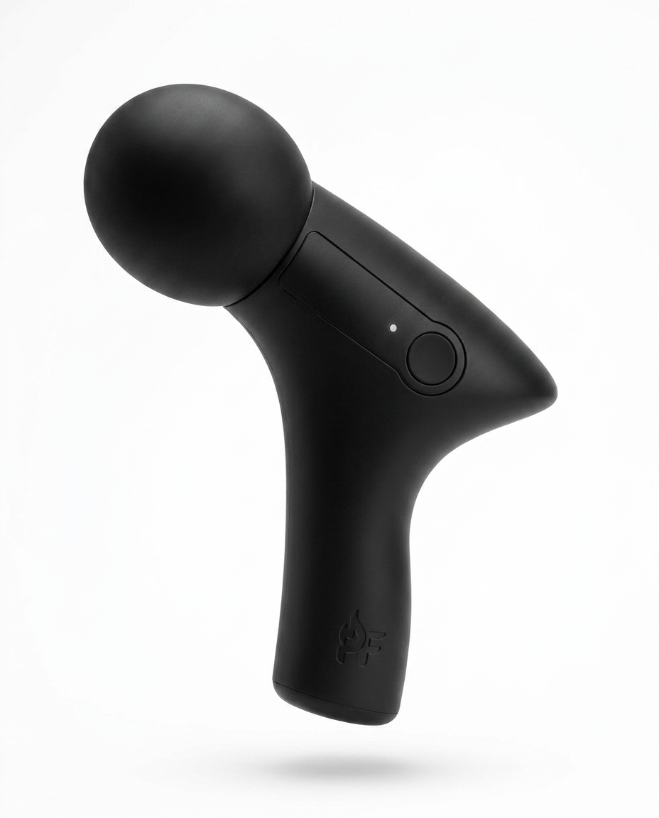 Black handheld deep tissue massage gun with dome head, studio shot on white