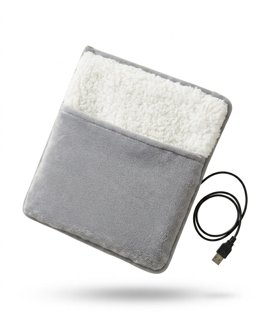 Grey plush electric foot heating pad with sherpa pocket and USB cable