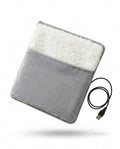 Grey plush electric foot heating pad with sherpa pocket and USB cable