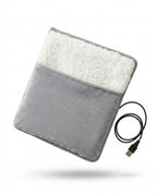 Grey plush electric foot heating pad with sherpa pocket and USB cable