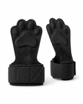 Pair of black paw-shaped lifting grips with wrist straps on white