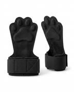 Pair of black paw-shaped lifting grips with wrist straps on white