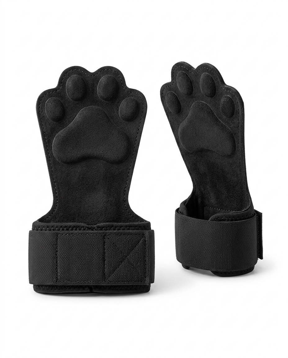 Pair of black paw-shaped lifting grips with wrist straps on white