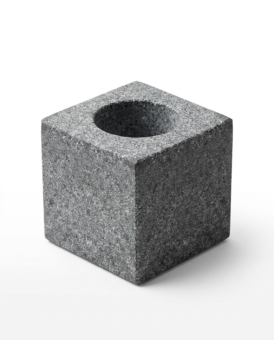 Grey granite cube essential oil holder with round recess on white