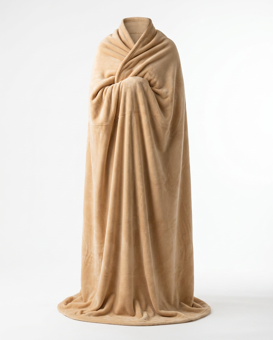 Person fully cocooned in a tan oversized wearable blanket, studio shot
