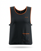 Black cooling utility vest with orange trim, front studio packshot
