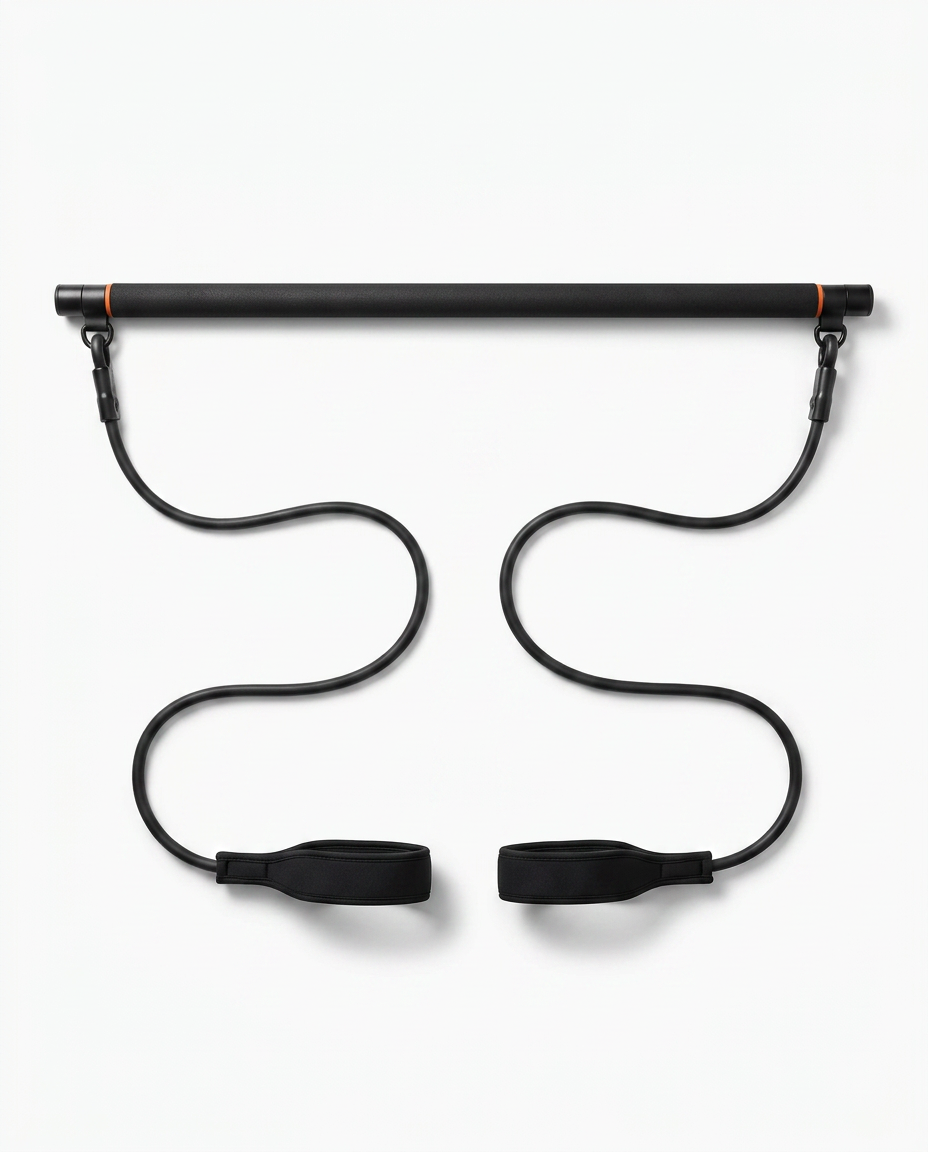 Black Pilates bar kit with resistance bands and foot straps on white