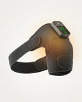 Black heated shoulder wrap with LED control module, studio shot on white