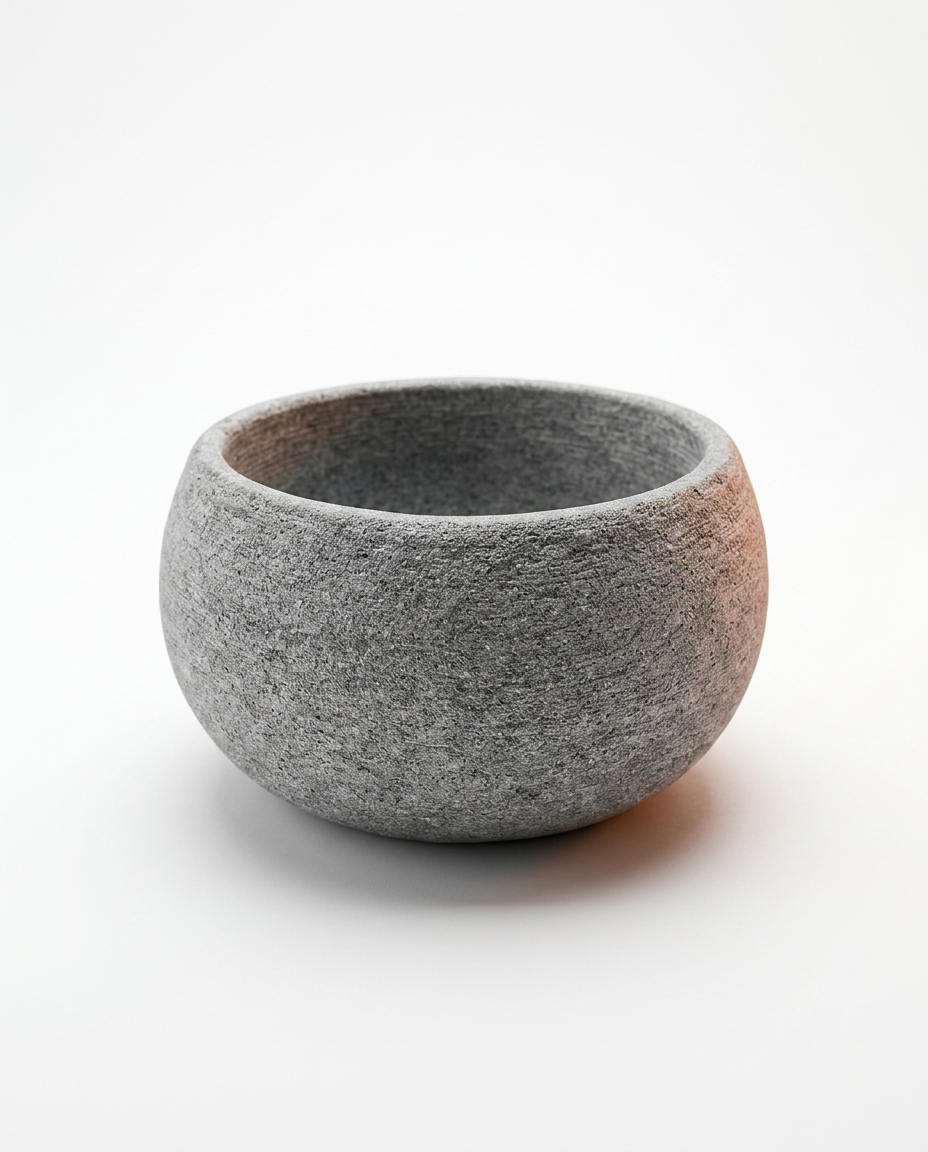 Grey natural stone sauna aromatherapy bowl, studio packshot on white