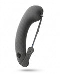 Grey inflatable travel neck pillow with valve and strap, studio shot on white