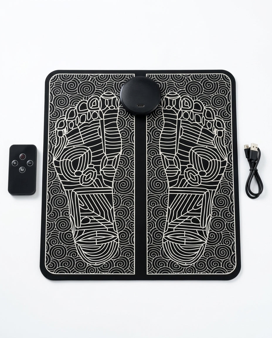Black EMS foot massager mat with reflexology pattern, remote and USB cable on white