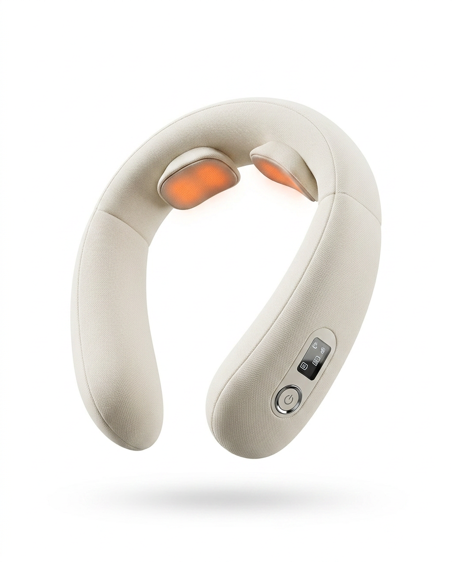Beige portable neck massager packshot with orange heating pads