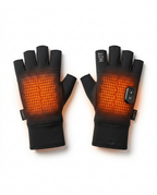 Black fingerless rechargeable heated gloves with glowing orange heating panels