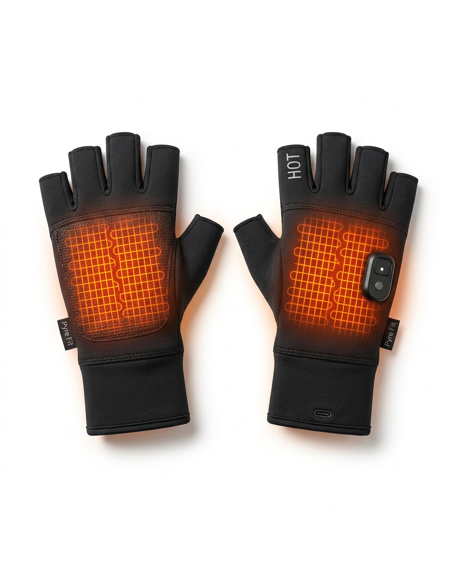 Black fingerless rechargeable heated gloves with glowing orange heating panels