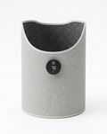 Grey fabric foldable leg warmer with digital temperature display, studio shot on white