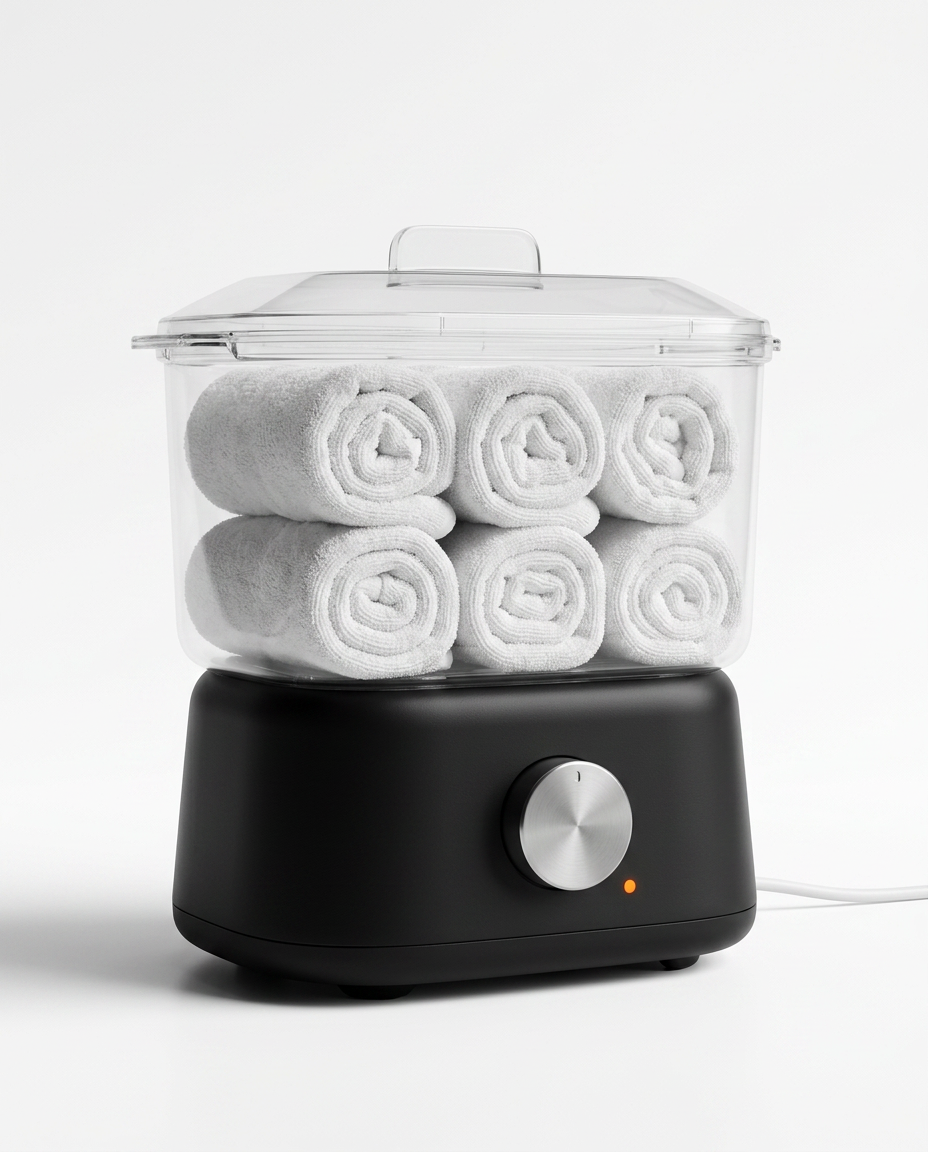 Mini towel warmer holding six rolled white towels under a clear lid