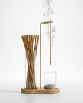 Brass hanging incense holder set with wood base, stick vessel and ash glass, on white