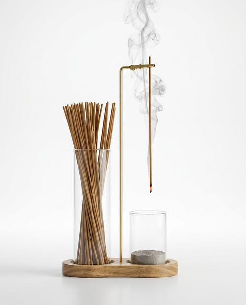 Brass hanging incense holder set with wood base, stick vessel and ash glass, on white