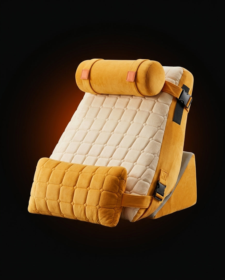 Mustard and cream wedge pillow hero packshot with bolster on dark backdrop