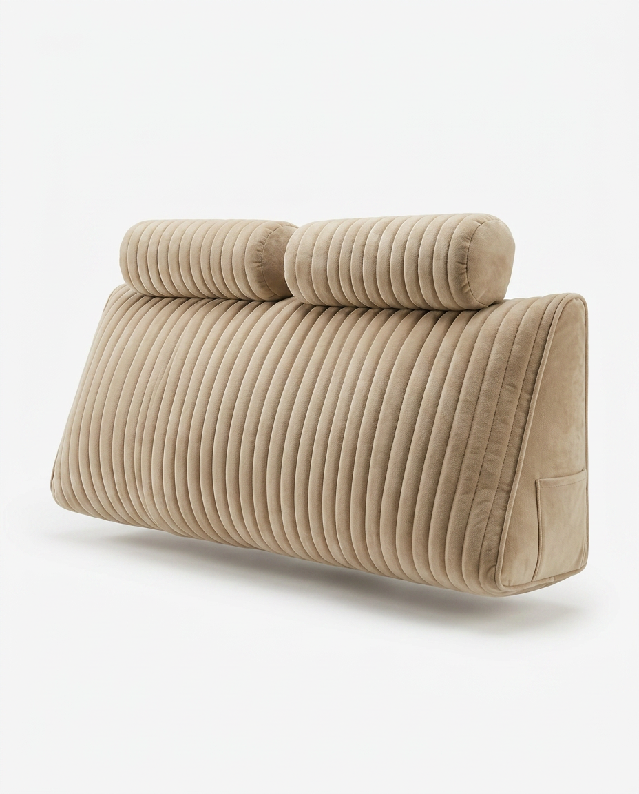 Beige channel-quilted reading wedge pillow with bolster headrest, studio shot