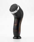 Black electric foot file with silver coarse roller head, studio shot on white