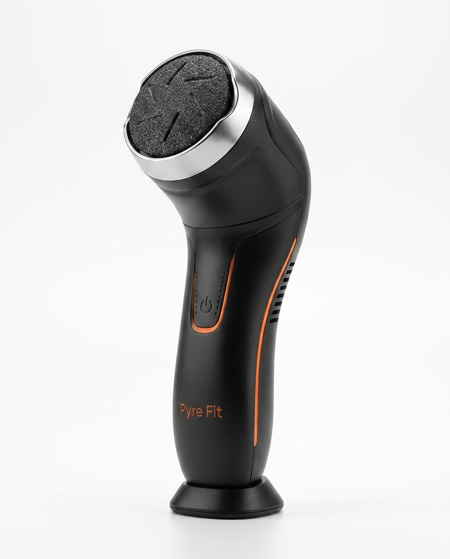 Black electric foot file with silver coarse roller head, studio shot on white