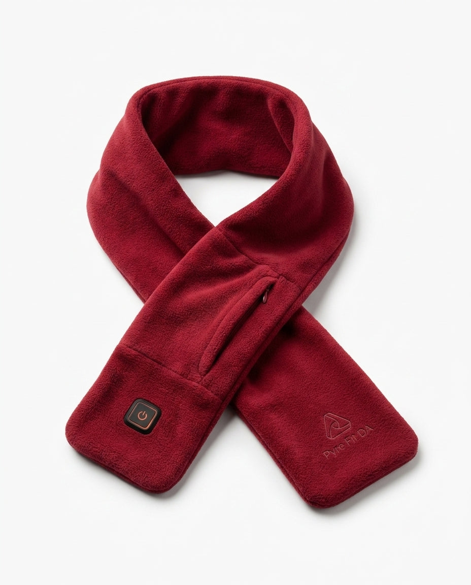 Burgundy fleece heated comfort scarf with power button and zip pocket