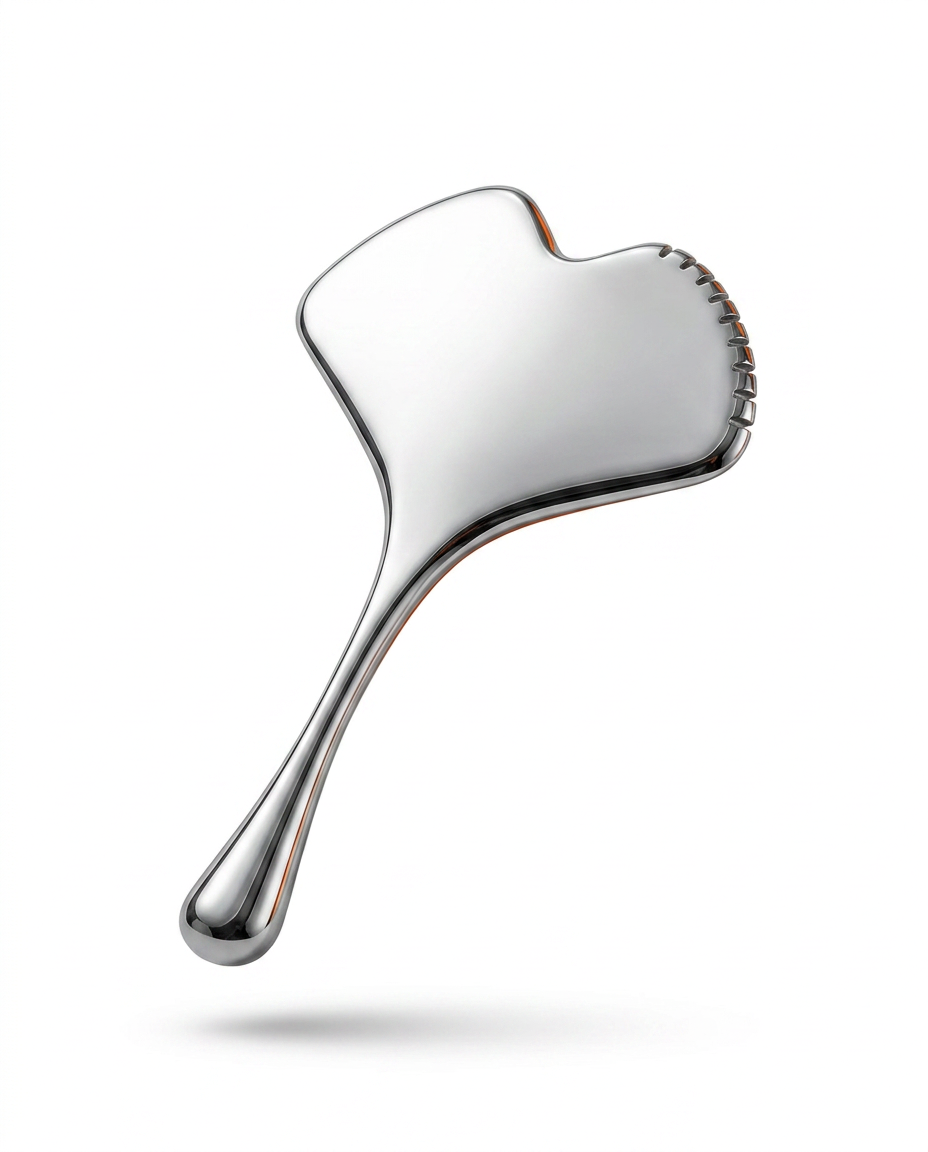 Stainless steel ginkgo-shaped facial massage tool, polished silver packshot on white