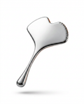 Stainless steel ginkgo-shaped facial massage tool, polished silver packshot on white