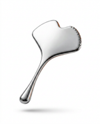 Stainless steel ginkgo-shaped facial massage tool, polished silver packshot on white