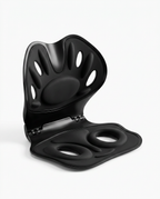 Black two-piece ergonomic posture support seat with lumbar backrest on white