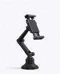 Black adjustable cup-holder tablet mount with articulating arm on white