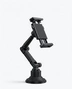 Black adjustable cup-holder tablet mount with articulating arm on white