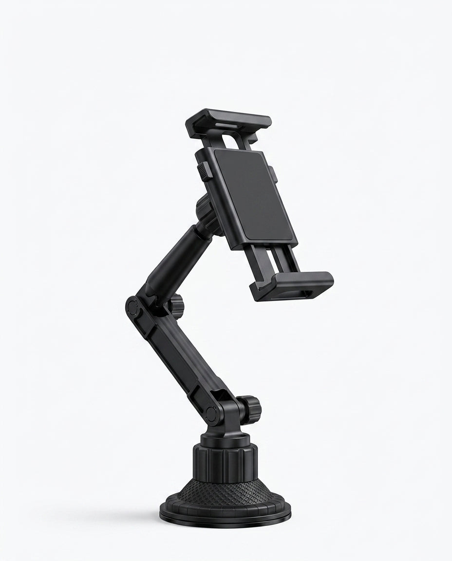 Black adjustable cup-holder tablet mount with articulating arm on white