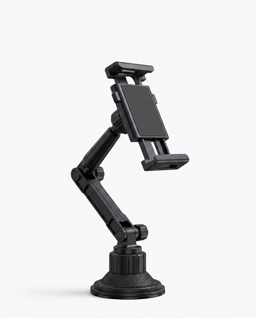 Black adjustable cup-holder tablet mount with articulating arm on white